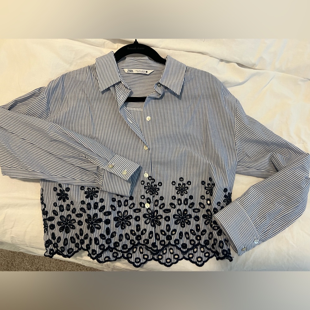 Zara Blue Navy and White Striped Embroidered Blouse